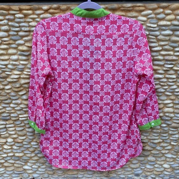 Rock Flower Paper Pink/White Top w/Lime Green Trim Top/Tunic. Size Small. EUC! - Picture 2 of 6